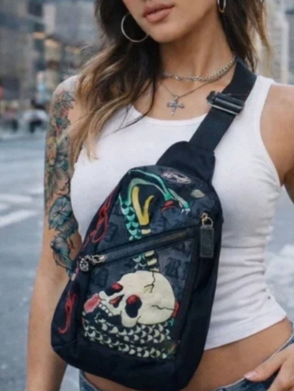NWT Ed Hardy Black Sling Bag Crossbody Black Skull Viper